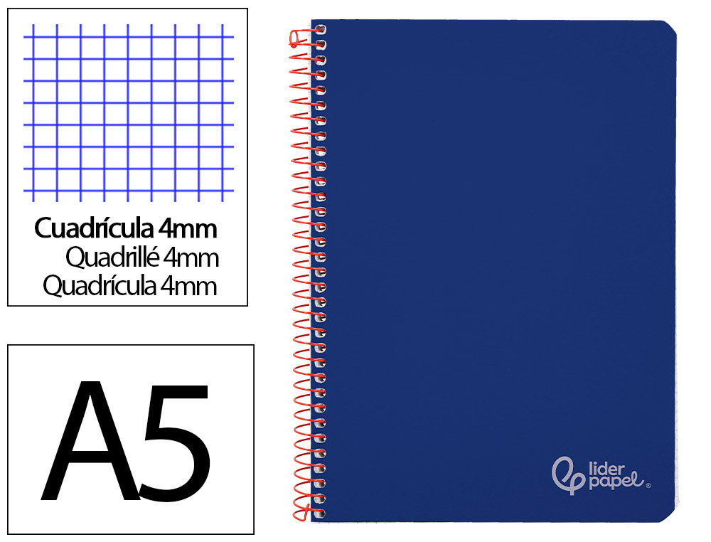 CUADERNO ESPIRAL LIDERPAPEL A5 WITTY TAPA DURA 80H 90GR CUADRO 4MM CON MARGEN COLOR AZUL MARINO