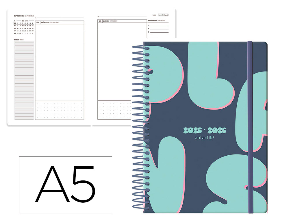 AGENDA ESCOLAR ANTARTIK 25-26 ESPIRAL PLANS AZUL DIA PAGINA A5 BILINGE PAPEL FSC 80 GR