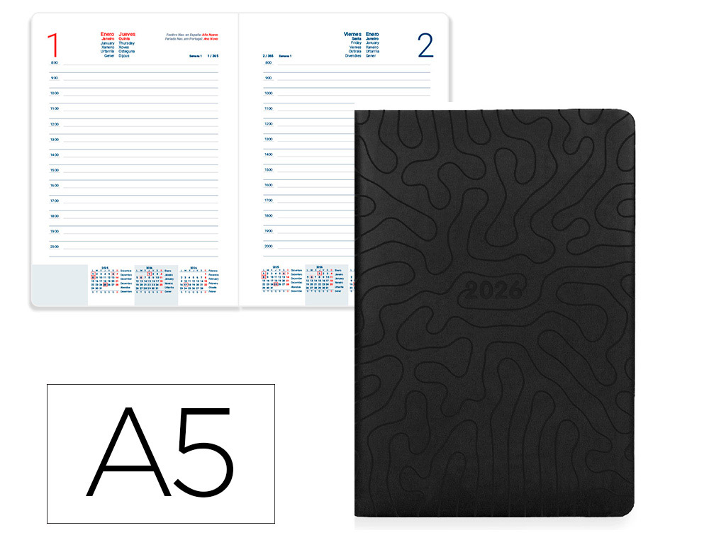 AGENDA ENCUADERNADA LIDERPAPEL LIPSI A5 2026 DIA PAGINA NEGRO PAPEL 70 GR FSC